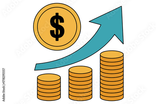 Dollar coin and upward trending arrow illustration for business financial growth and investment success concept