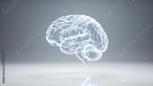 Transparent brain model floating above a smooth surface, symbolizing neuroscience and cognition