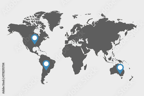 World Map with Location Pins Representing Global Presence and International Business Connections Network Across Continents