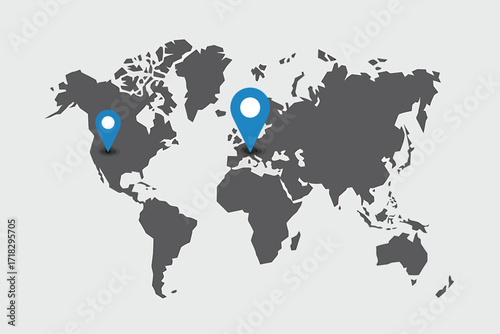 World map with location pin pointers in North America and Europe showing connection and global reach concept presentation graphic illustration