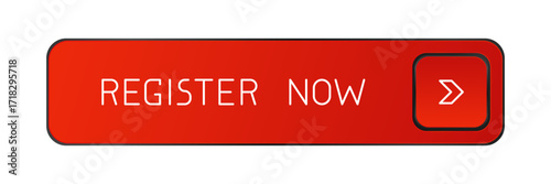 Modern red rounded CTA button with shine, "Register now" text, arrow icon, 3D effect, web UI element for landing pages, mobile apps or banners.