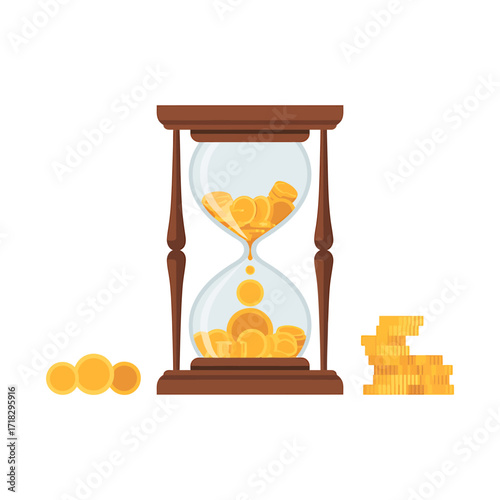 Time is Money Concept with Hourglass Filled with Gold Coins and Stacks Representing Financial Investment Growth