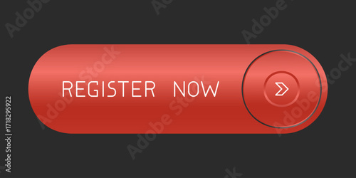 Modern red rounded CTA button with shine, "Register now" text, arrow icon, 3D effect, web UI element for landing pages, mobile apps or banners.