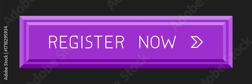 Modern purple rounded CTA button, "Register now" text, arrow icon, 3D effect, web UI element for landing pages, mobile apps or banners.