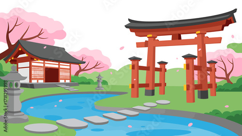Serene Japanese Garden with Torii Gate Temple and Cherry Blossoms A Peaceful Oasis of Asian Culture