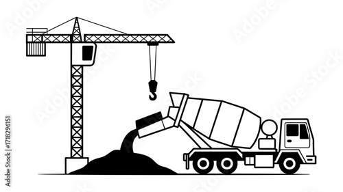Construction site illustration with crane and concrete mixer truck pouring cement forming a construction concept in a clean black and white design