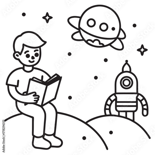 Boy reading a book on the moon surrounded by space objects