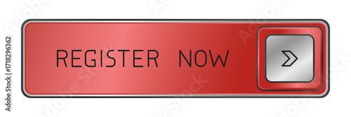 Modern red rounded CTA button with shine, "Register now" text, arrow icon, 3D effect, web UI element for landing pages, mobile apps or banners.