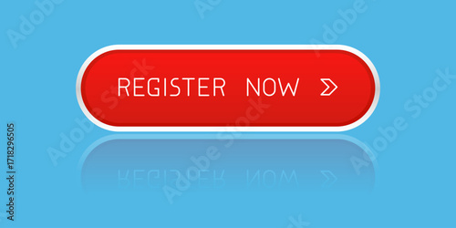 Modern red rounded CTA button with reflection, "Register now" text, arrow icon, 3D effect, web UI element for landing pages, mobile apps or banners.