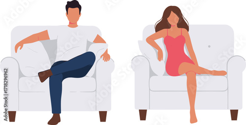 Casual conversation, modern interior, relaxed posture, barefoot woman, seated man, minimalist furniture, lifestyle illustration, home comfort, social interaction, cozy vibe