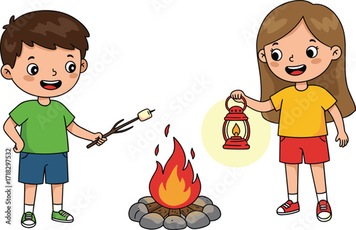 Children camping at night, roasting marshmallows, holding lantern, outdoor adventure, campfire flames, friendship, warmth, nature, summer fun, glowing firelight