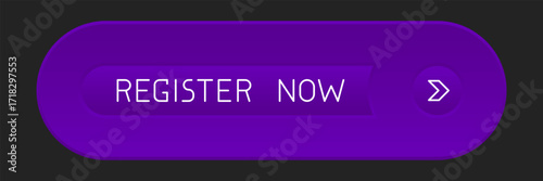Modern purple rounded CTA button, "Register now" text, arrow icon, 3D effect, web UI element for landing pages, mobile apps or banners.