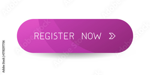 Modern purple rounded CTA button with shadow, "Register now" text, arrow icon, web UI element for landing pages, mobile apps or banners.