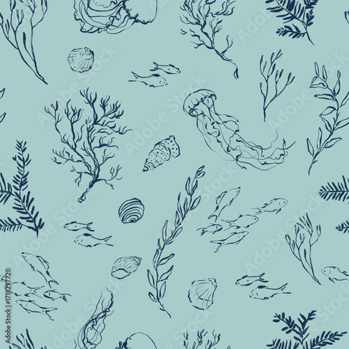 Watercolor ocean seamless pattern of linear shells, coral reef and animals. Underwater plant illustration isolated on green background. For design, prints, fabric or background.