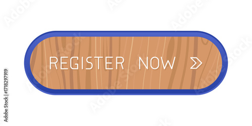 Modern blue and wooden CTA button with shine, "Register now" text, arrow icon, web UI element for landing pages, mobile apps or banners.