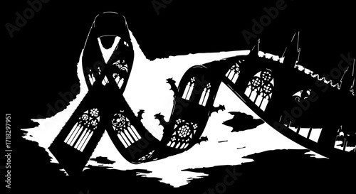 Foto Symbolic ribbon entwined with gothic architecture evoking themes of remembrance, faith, and historical preservation beautifully rendered