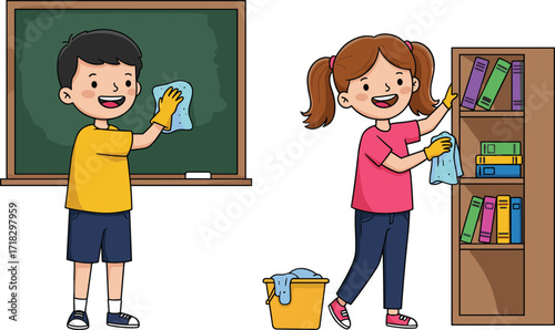 Children cleaning classroom, teamwork responsibility, boy wiping chalkboard, girl organizing bookshelf, hygiene education, school activity, gloves, bucket, books, learning environment