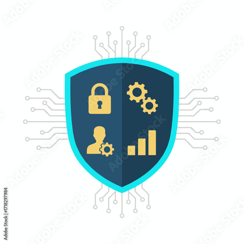 A digital shield symbolizing cybersecurity, divided into sections that depict essential aspects of cybersecurity budgeting, featuring a padlock for security, a gear for technology, a person for human