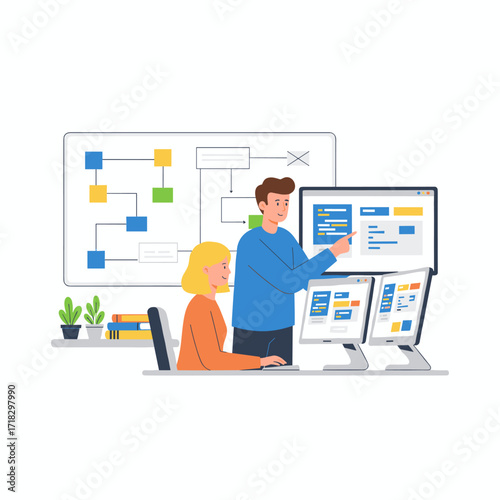 In a software development office, a young woman works on a computer while a senior mentor points at the screen and offers advice, with a copy space
