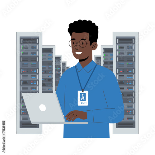 A laptop, a server room, and a black man working on the network handle maintenance, software programming, or typing, while a tech-savvy engineer in the data center happily manages the system database