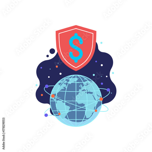 A conceptual digital shield safeguards a worldwide data network, embodying cybersecurity, threat defense, and computer security, illuminated by red and blue lights with particle effects to create a
