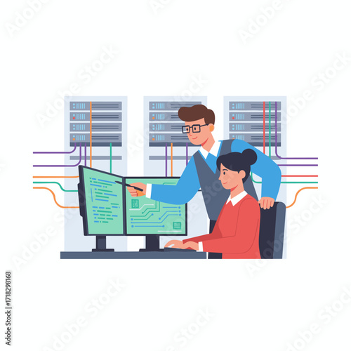 A group of administrators in the data center ensures the system can manage networking tasks, while colleagues in the server room collaborate to monitor network traffic on a PC, implement