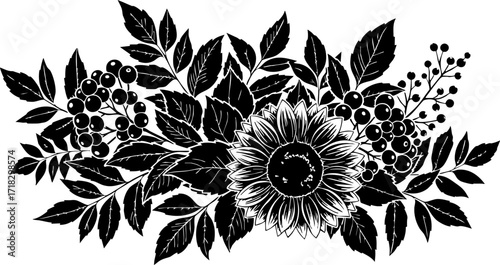 Elegant black and white floral arrangement with a central sunflower and delicate berries, perfect for sophisticated designs.