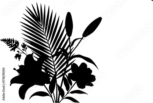 Elegant silhouette of lush tropical foliage and blooming lilies creating a sophisticated botanical arrangement perfect for design projects