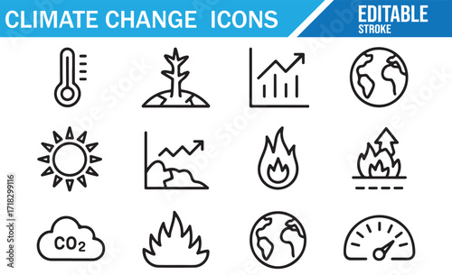 Eco crisis and climate change vector line illustrations for global environment issues