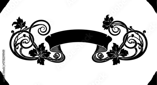 Elegant banner design with swirling decorative elements, perfect for invitations, announcements, or branding projects, conveying sophistication.