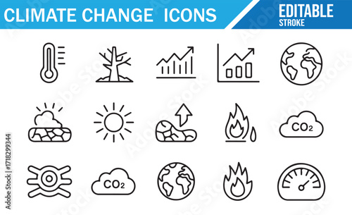 Line glyph icons of global warming, melting ice, and ecological risk for design projects
