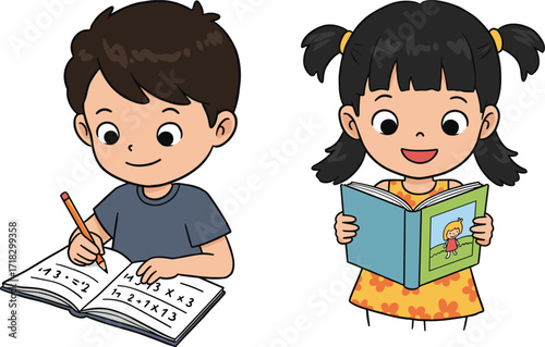 Children learning, reading book, solving math, education at home, happy kids, school activity, early childhood, study time, classroom inspiration