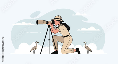 Observing Wildlife: An Ornithologist Carefully Captures Birds' Movements On The Field