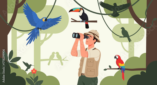 Ornithologist Spotting Exotic Birds In Their Natural Habitat Among Lush Greenery