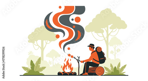 Outdoor Adventure: A Camper Roasting Marshmallows by a Campfire Illuminated by Nature