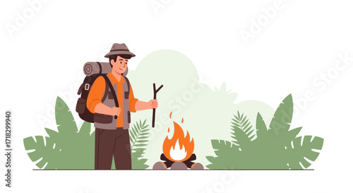 Outdoor Adventure: A Serene Illustration of Hiking and Campfire Preparation