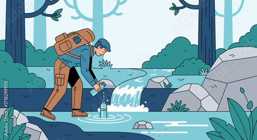 Outdoor Adventurer Collecting Fresh Water From the Natural Creek in Idyllic Wilderness