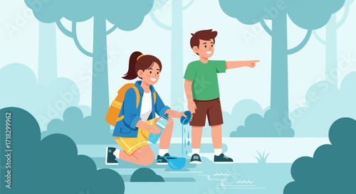 Outdoor Adventure of Two Youths Exploring a Forest's Natural Wonders, Having Fun