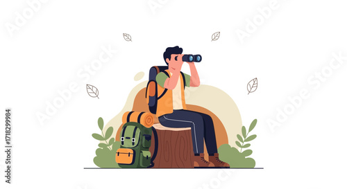 Outdoor Adventurer Observing Nature with Binoculars Enjoying Exploration and Discovery