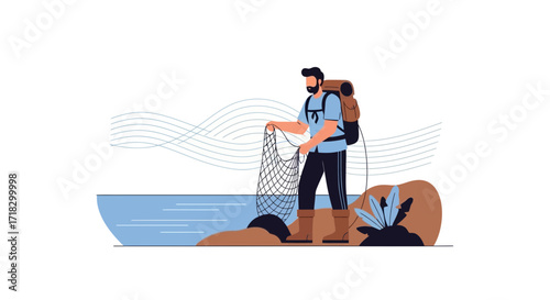 Outdoor Enthusiast Holds Fishing Net Beside Water, Depicting A Day Of Recreational Angling