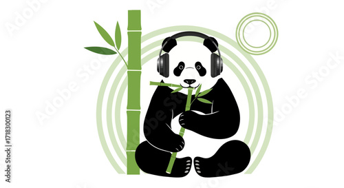 Panda Relaxing With Headphones And Bamboo, Listening To Nature Music, Peacefully Soothing