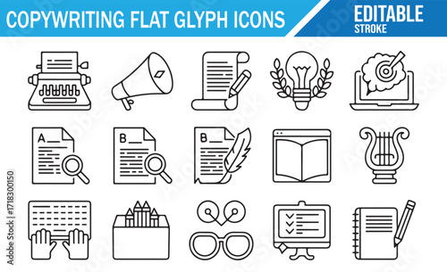 Editable content creation icons set in modern line glyph style for marketing use