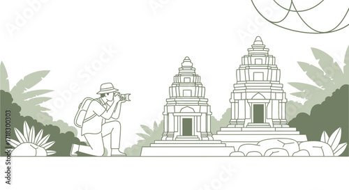 Photographer Capturing Ancient Temples in a Lush Green Landscape Illustration