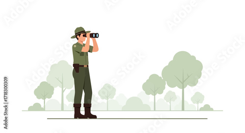Park Ranger Observing Scenery With Binoculars In Natural Habitat Environment