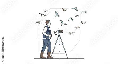 Photographer Capturing Birds In Flight, Nature Photography Illustration, Artistic Lifestyle