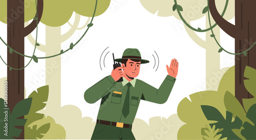 Park Ranger Uses Radio Communicating, Surrounded By Tropical Jungle Foliage and Trees