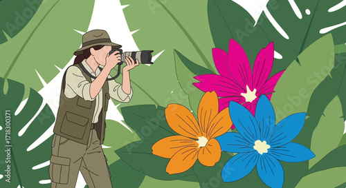 Photographer Capturing Colorful Flora In Verdant Wilderness For Artistic Composition
