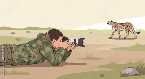 Photographer Capturing Cheetah Silhouette In Desert Field Environment Depiction Illustration