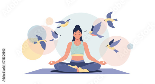 Peaceful Meditation Amidst Soaring Birds: A Representation Of Serenity And Inner Harmony