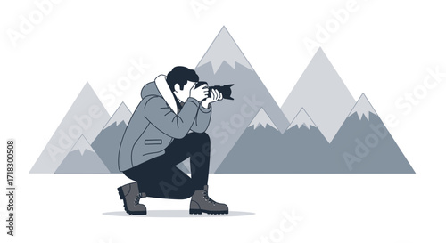 Photographer Capturing Moment in Front of Majestic Mountain Range with Illustrated Style